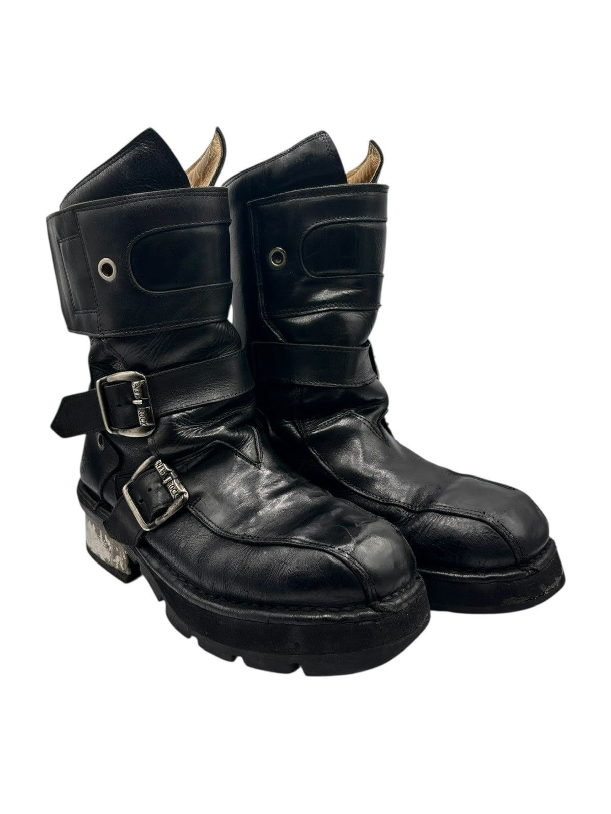 Vintage New Rock Buckle Leather Boots Size 42 in Black, Men's