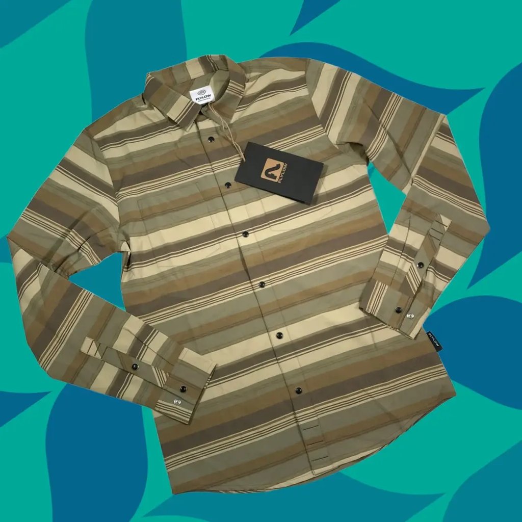 Flylow Shirt Men Small Brown Stripe Pearl Snap Long Sleeve 50 Upf Pockets New, Men's