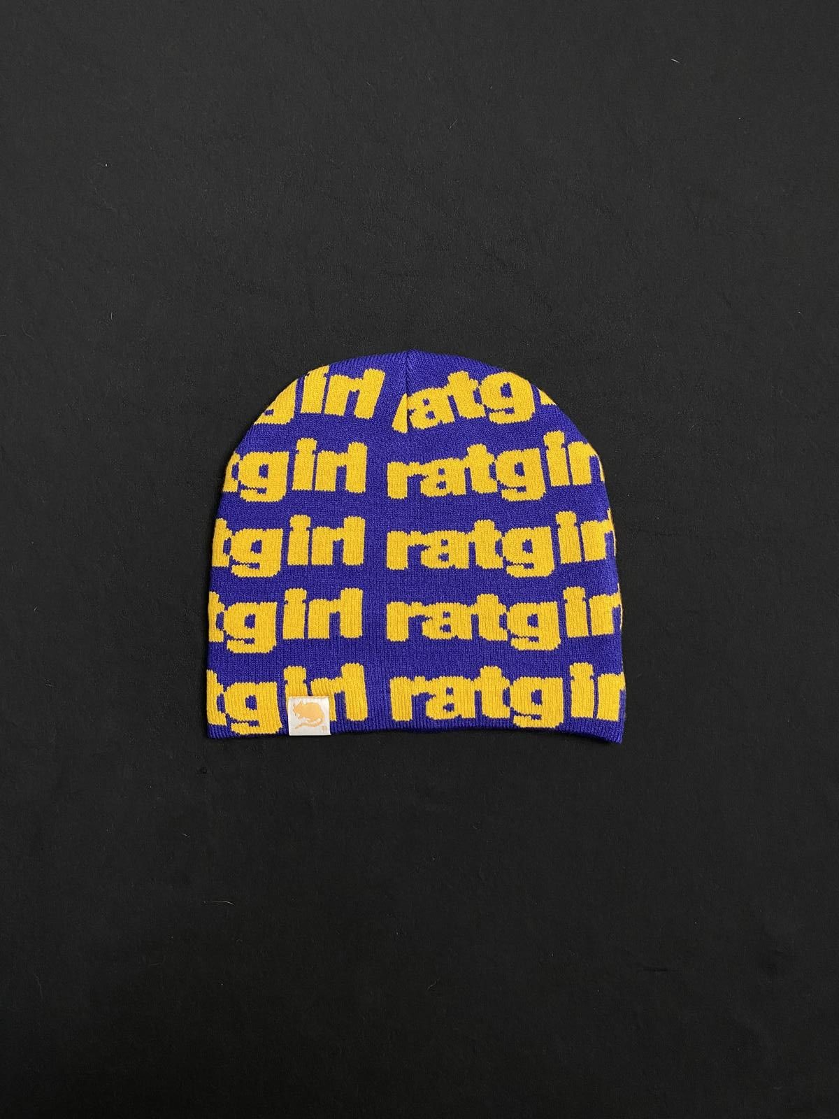 Stray Rats Rat Logo Black No Cuff Jacquard Knit Beanie in Blue, Men's