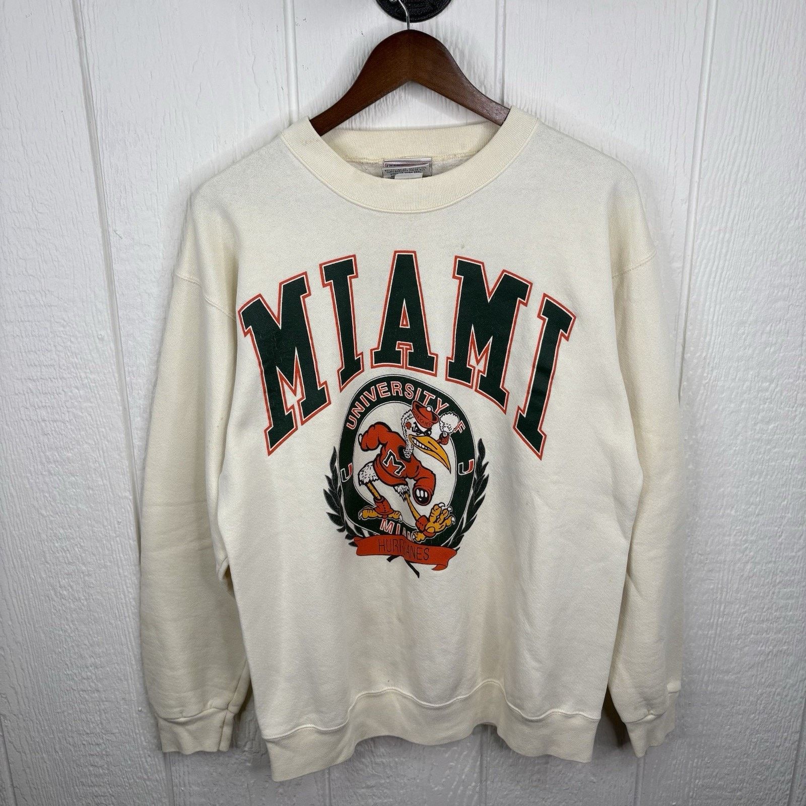 Vintage University Of Miami Hurricanes Crewneck Size Large in Beige, Men's