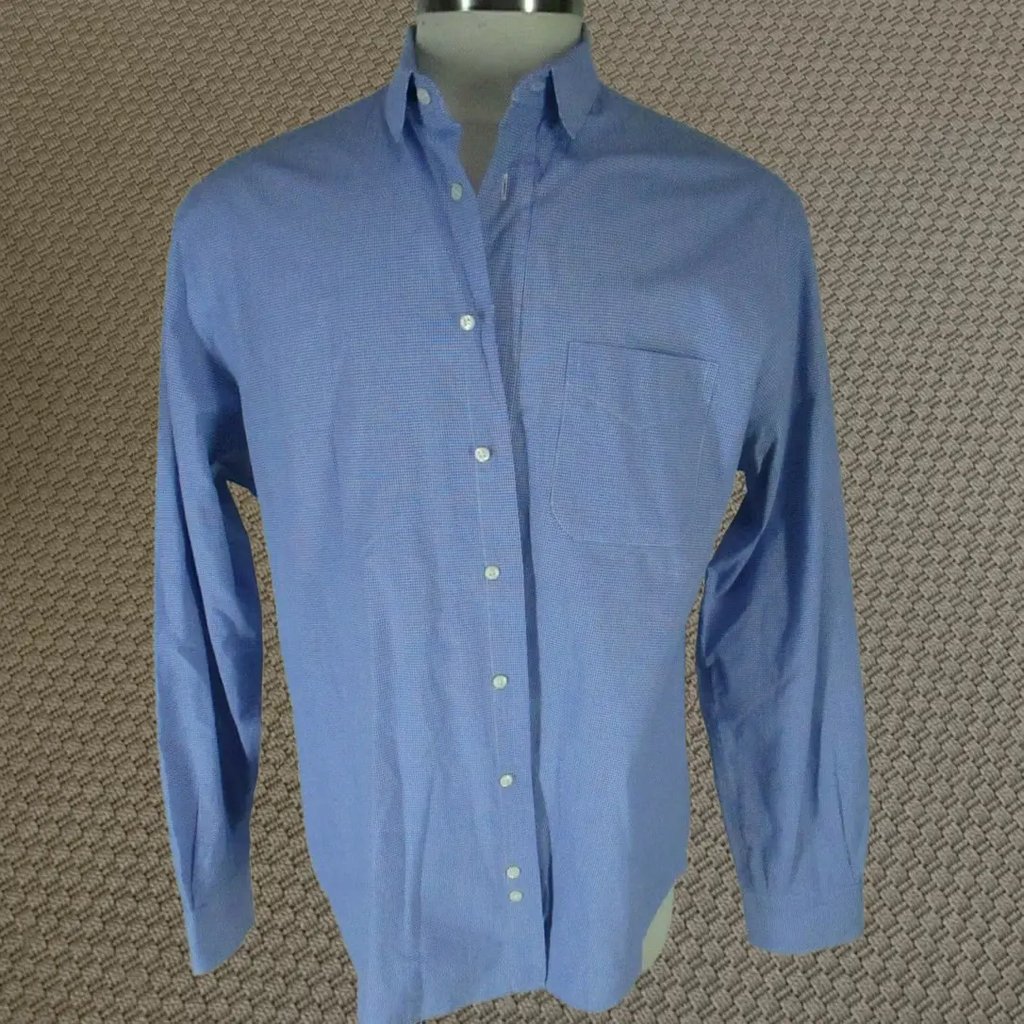 Blue & Cream Shirt Mens 1XL Blue Long Sleeve Cotton Microcheck Usa Made Button-Front, Men's