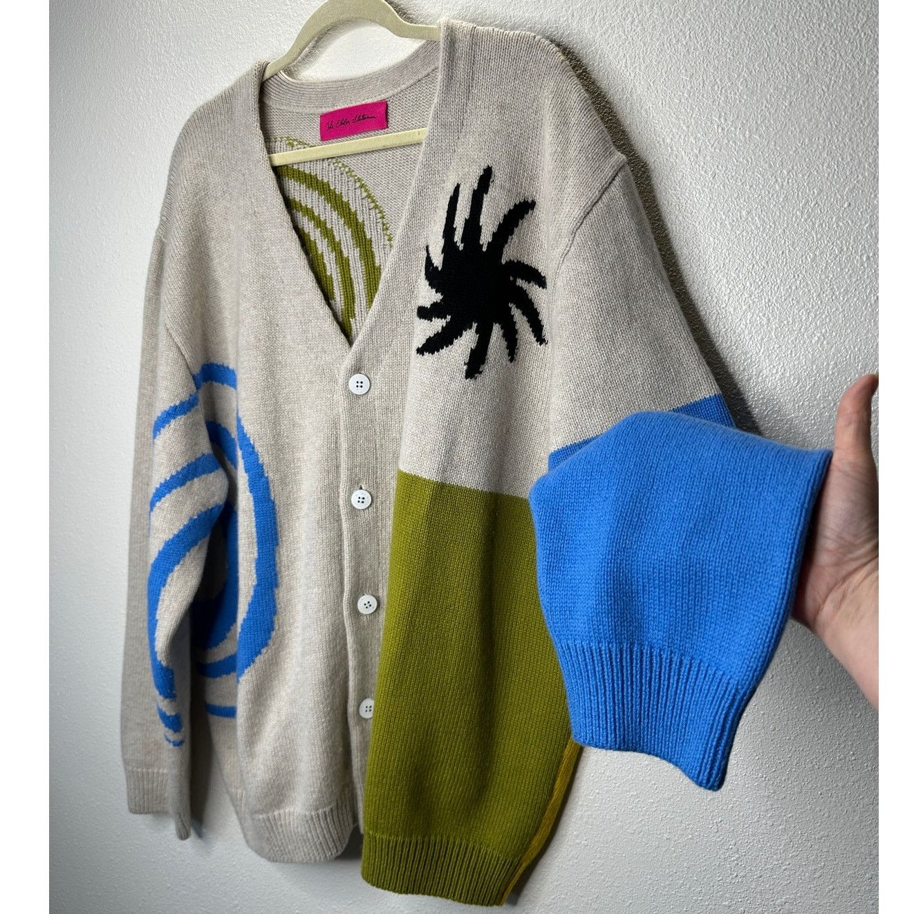 The Elder Statesman Tan Blue Green Block & Spiral Cardigan L in Beige, Men's (Size Large)