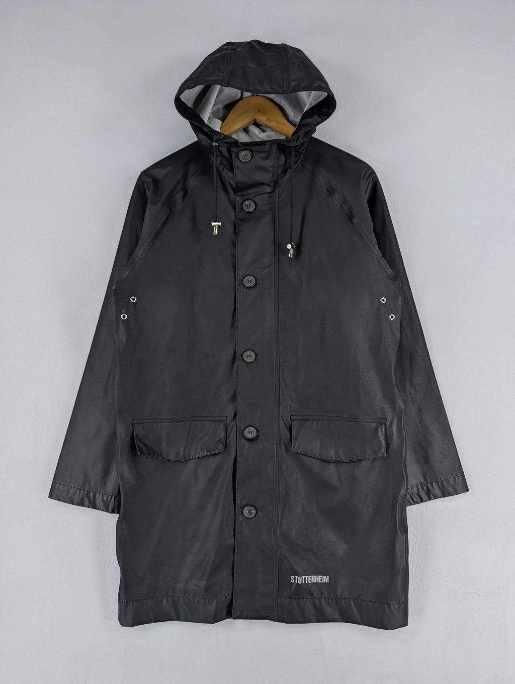 Men's Black Stutterheim Hoodie Long Raincoat Jacket Xxs, Men's