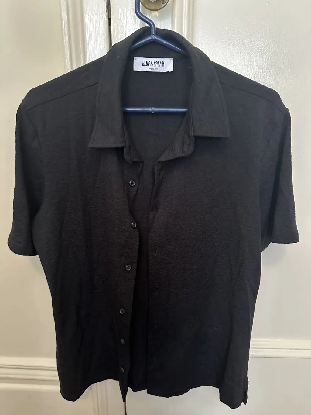 Blue & Cream Short Sleeve Button Down in Black, Men's