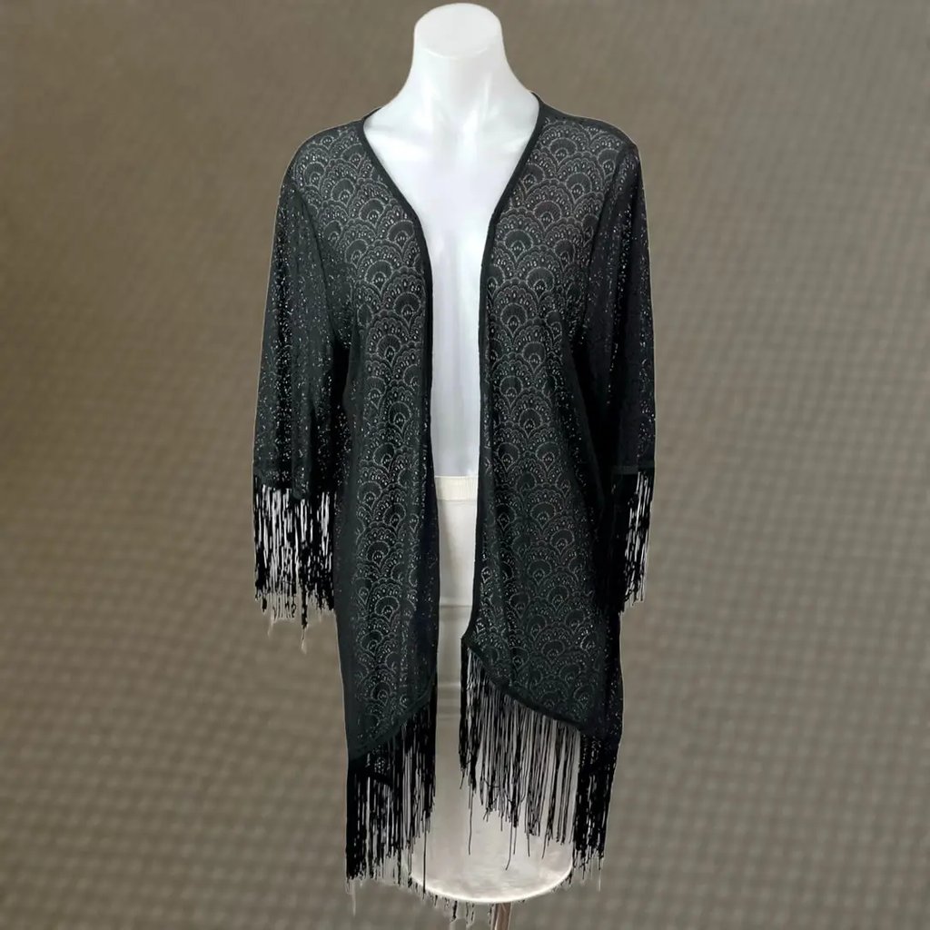 Rain Top Womens M Black Poncho Shawl Cardigan Fringe Tassel Batwing Sleeve Patterned, Women's