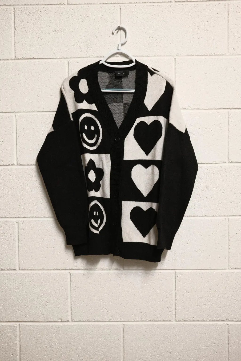 Lazy Oaf Black White Heart Smiley Graphic Button Cardigan, Women's