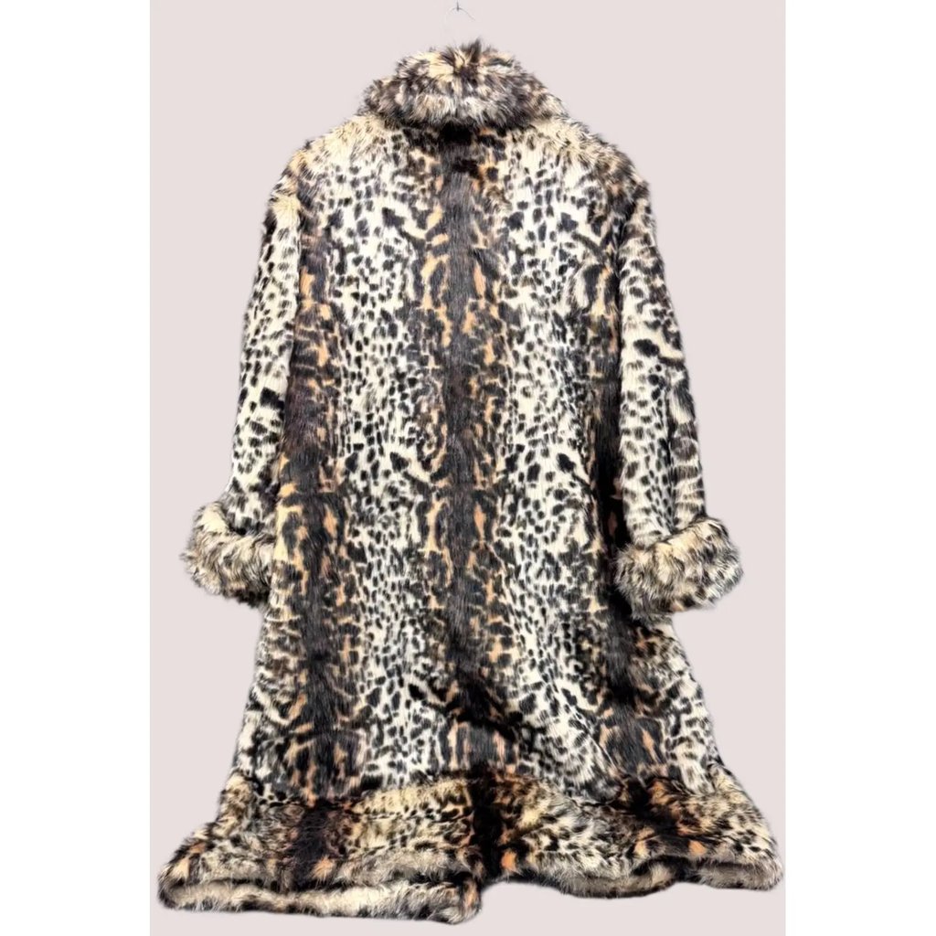 Vintage Y2K Terry Lewis Womens Brown Leopard Print Faux Fur Long Coat Size M, Women's