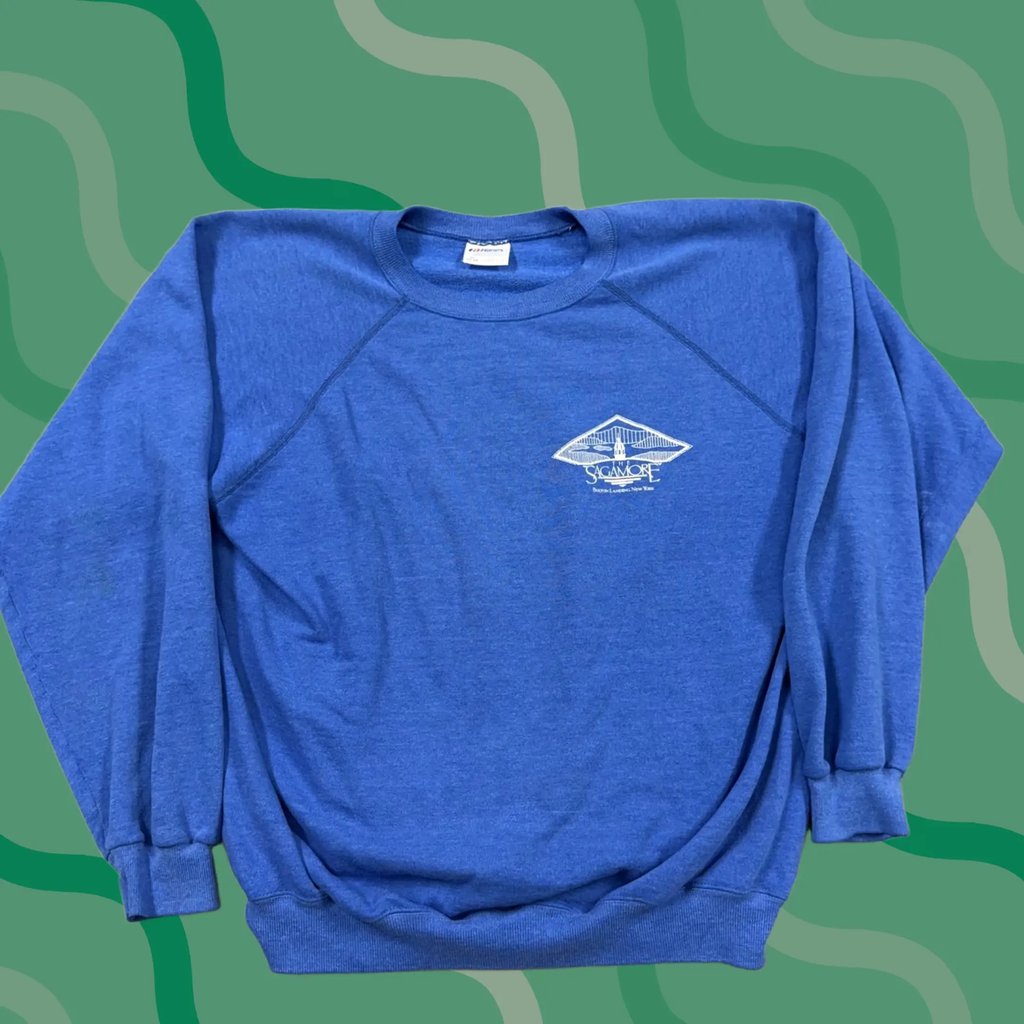 Vintage Hanes Sweatshirt Mens 1XL Blue Fleece Crewneck Sagamore Bolton Landing NY, Men's