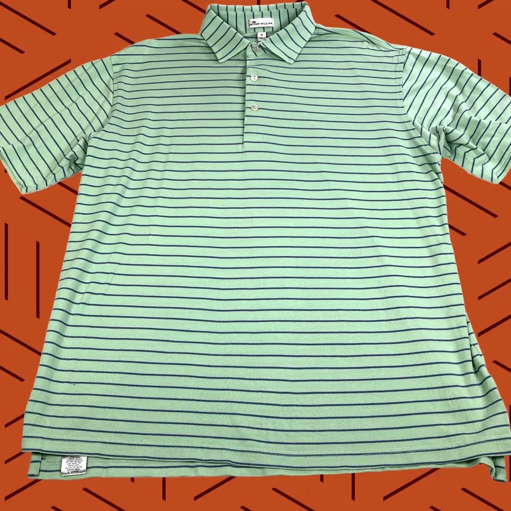 Peter Millar Polo Shirt Mens M Green Blue Stripe Short Sleeve Golf Summer Comfort Sports, Men's