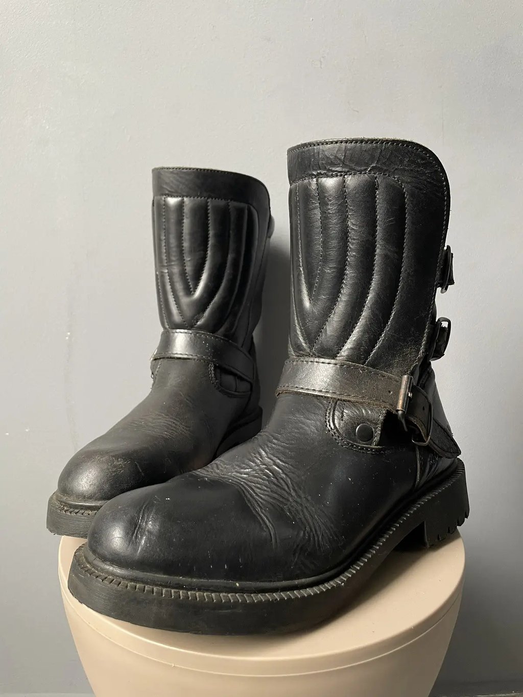 Vintage Motorcycle Boots Leather Platform New Rock Style Y2K in Black, Men's (Size 11)
