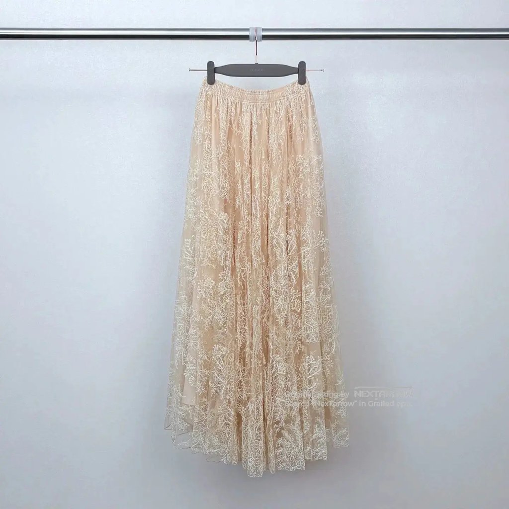 Ermanno Scervino Floral Lace Pleated Maxi Skirt in Beige, Women's (Size 25)