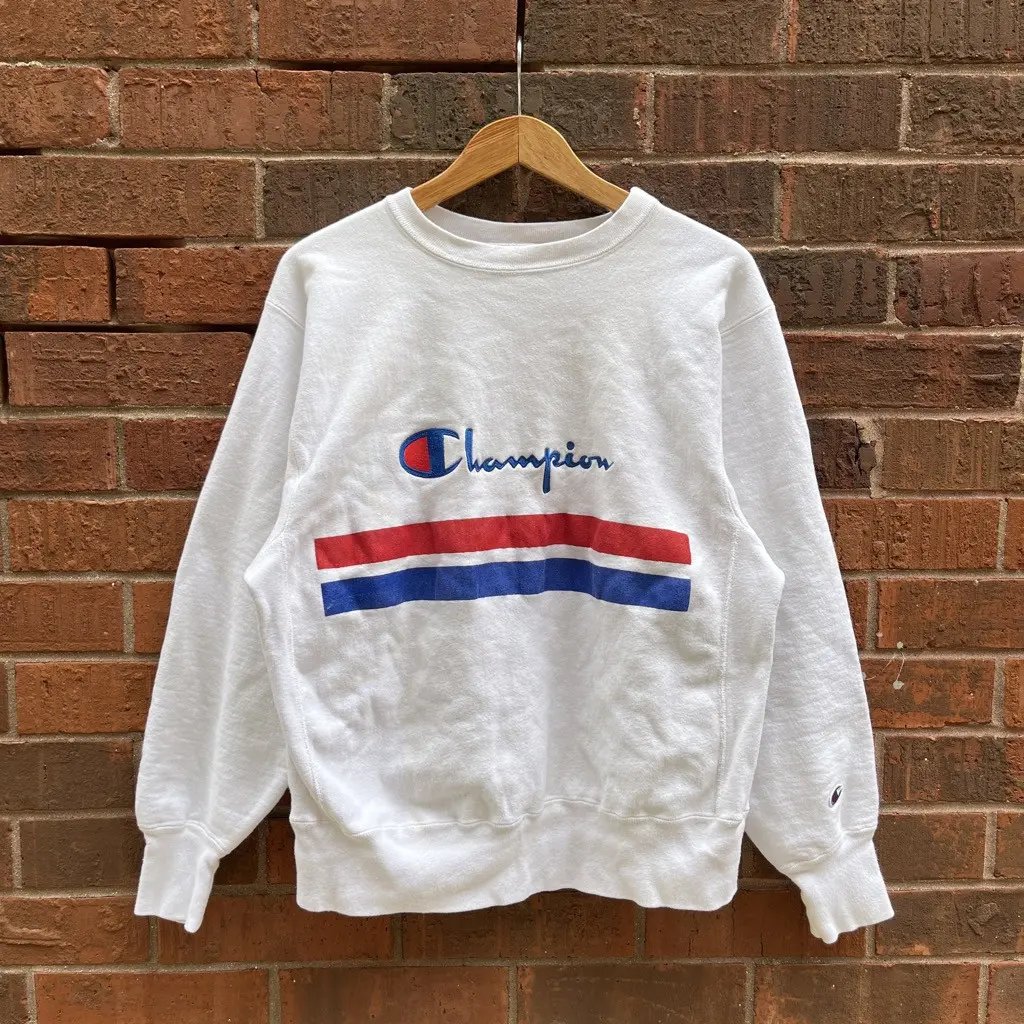Vintage 1980s Champion Reverse Weave Puff Print Flocked in White, Men's