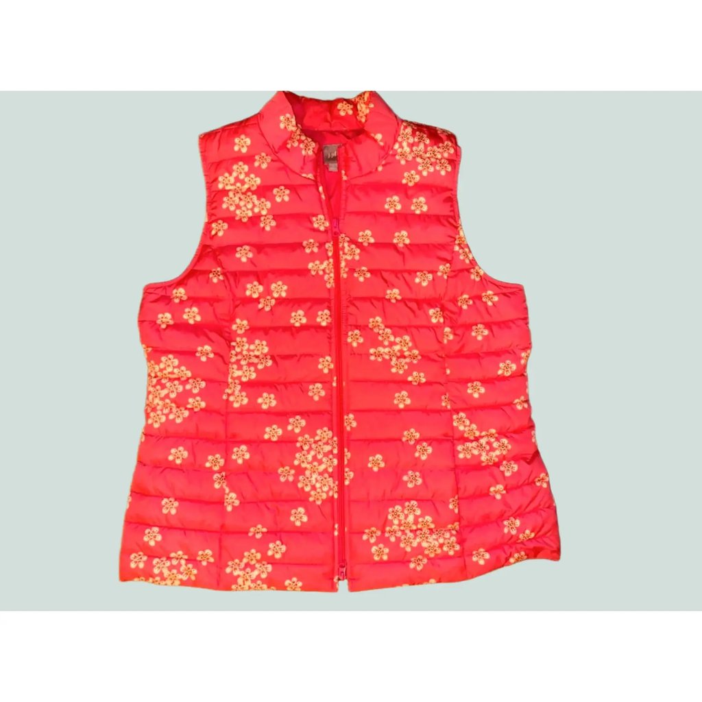 J. Jill Vest Women's Pink Floral Puffer Quilted Pockets Full Zip 1XL, Women's