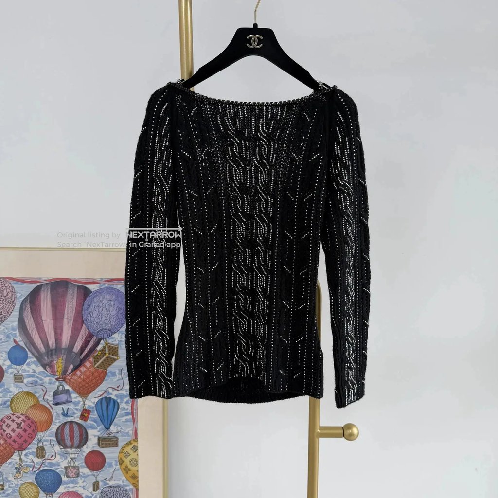 Es Black Beaded Knit Top 40, Women's