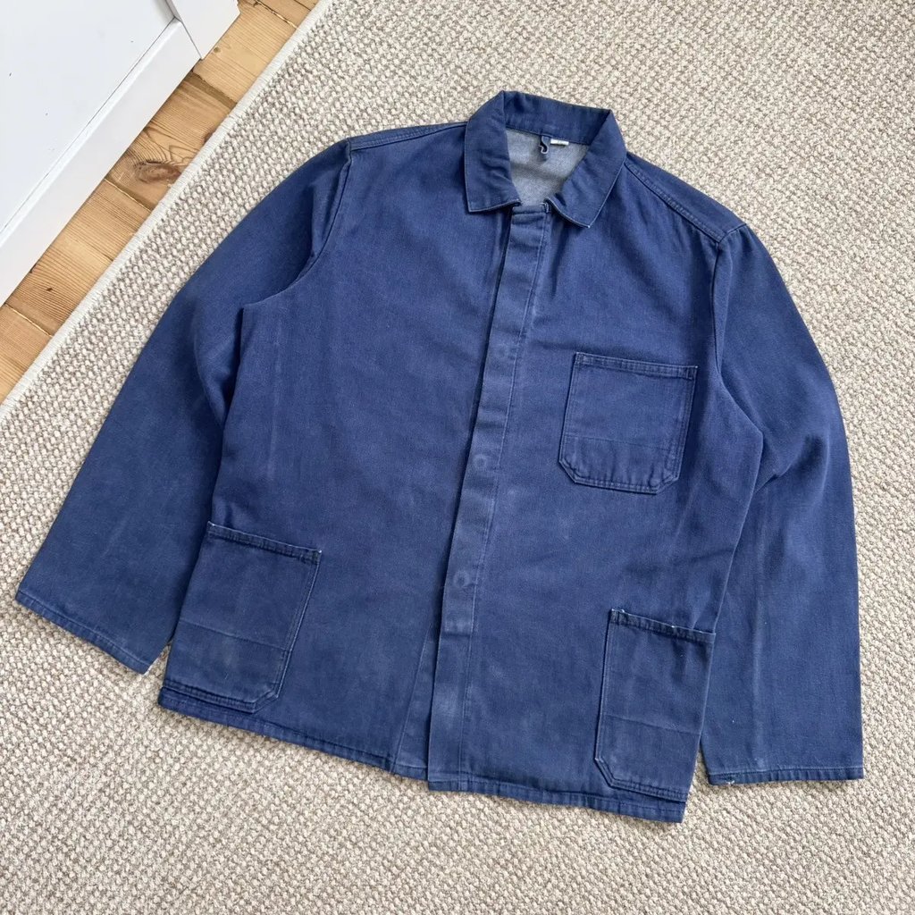 Vintage Faded Navy Denim Workwear French Jacket in Blue, Men's