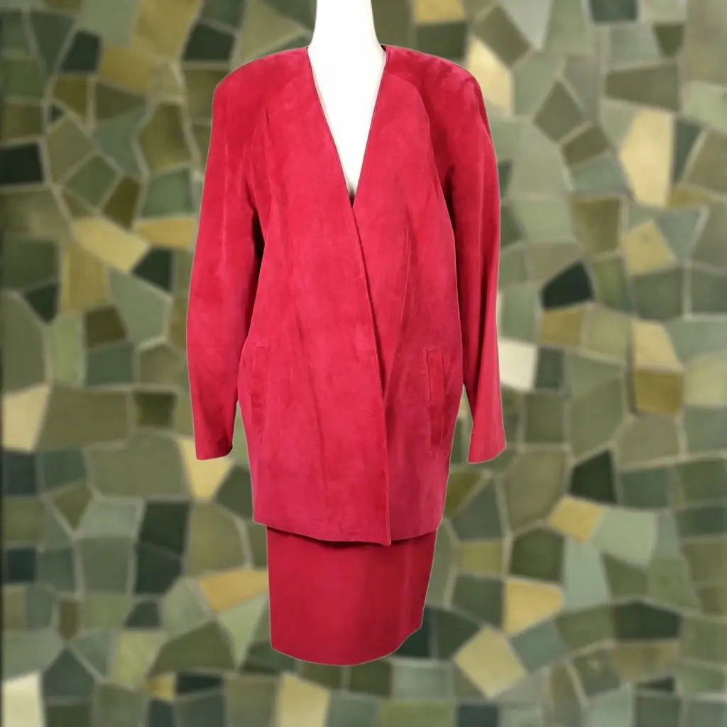 Vintage 80s Danier Suit Set Adult M Red Suede Leather Blazer Skirt Womens, Women's (Size 32)