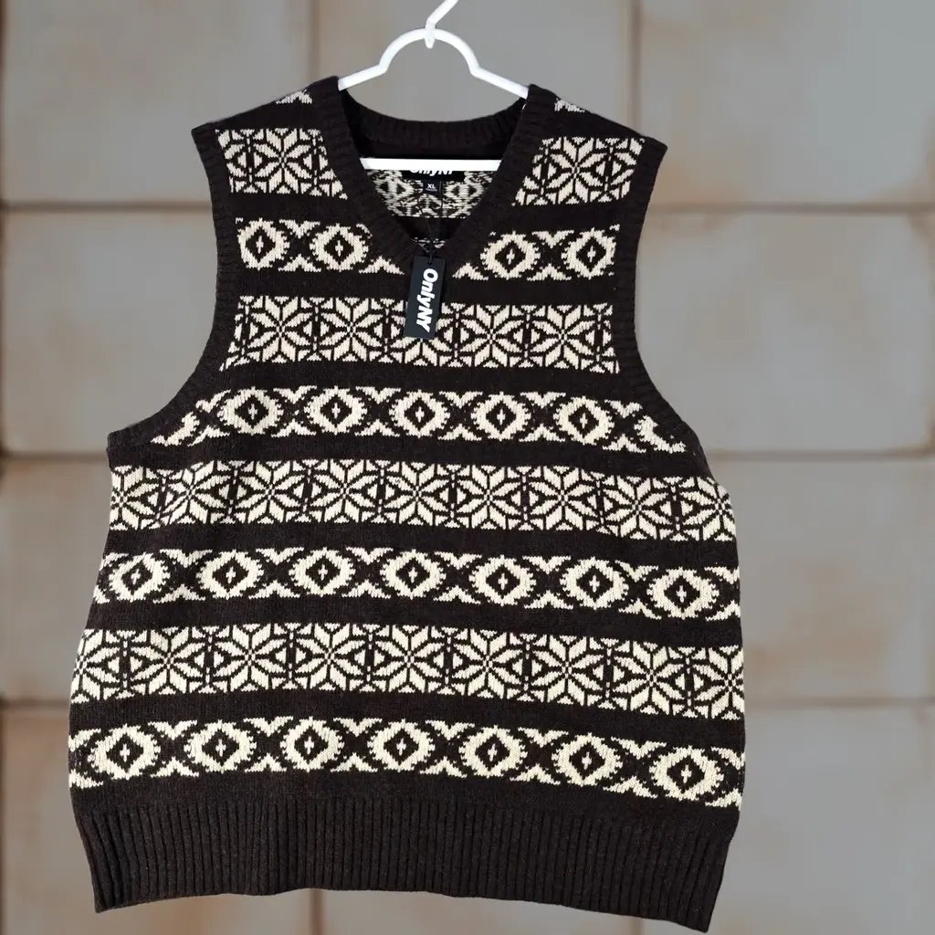 Only NY Vest Mens 1XL Brown Fair Isle Sweater Knit Sleeveless, Men's