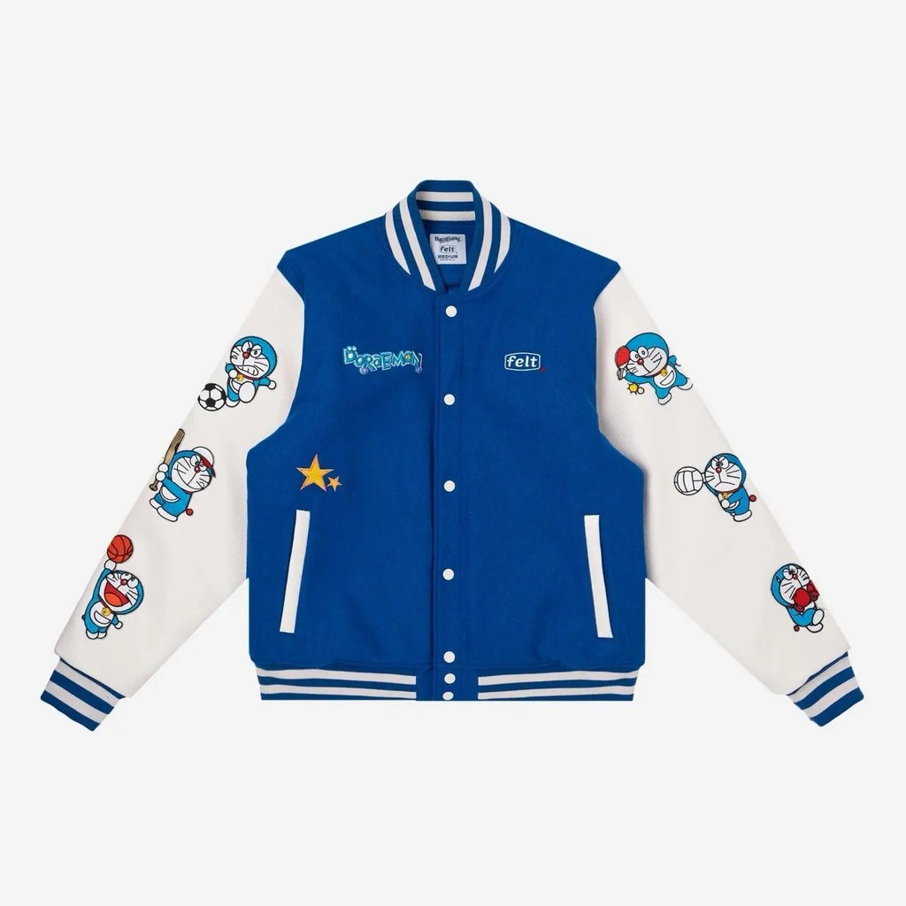 Felt Doraemon Varsity Jacket Blue White Leather X-Large, Men's (Size Xl)