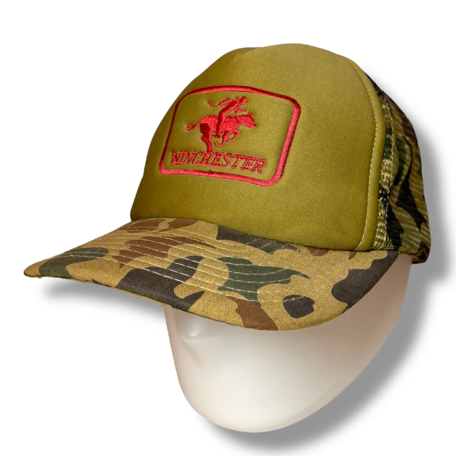 80's Winchester Camouflage Trucker Hat Mesh Snapback Cap in Green, Men's
