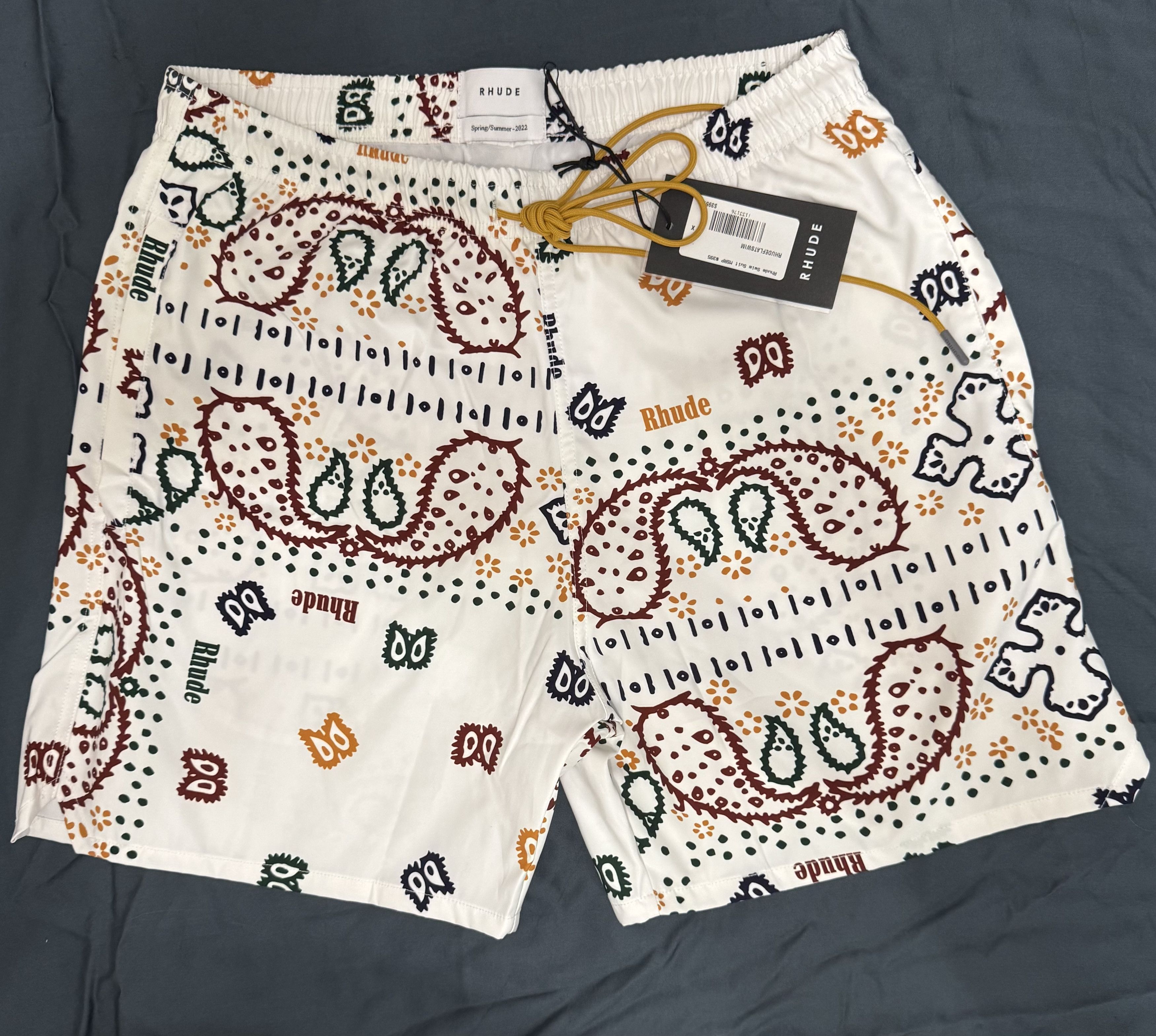 Rhude Paisley Swim Trunks Cream/multi Color Size L, Men's
