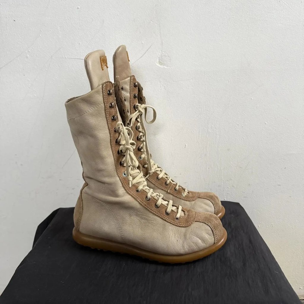 Vintage Camper Pelotas Cream Leather Lace Up Boots in Beige, Women's (Size 4)
