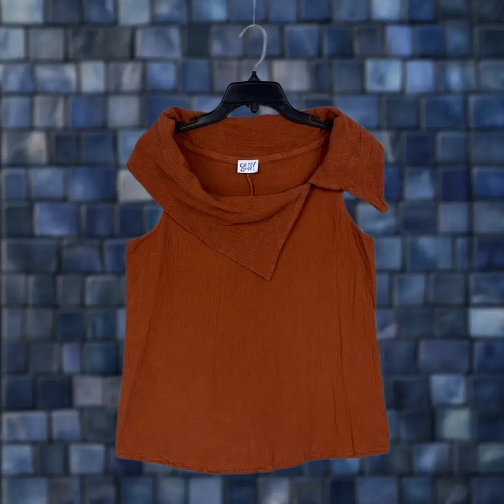 Oh My Gauze Top Women Rust Asymmetrical Draped Neck Cotton Gauze Lagenlook Boho Shirt Sleeveless Adult S Orange Womens Vintage: No, Women's
