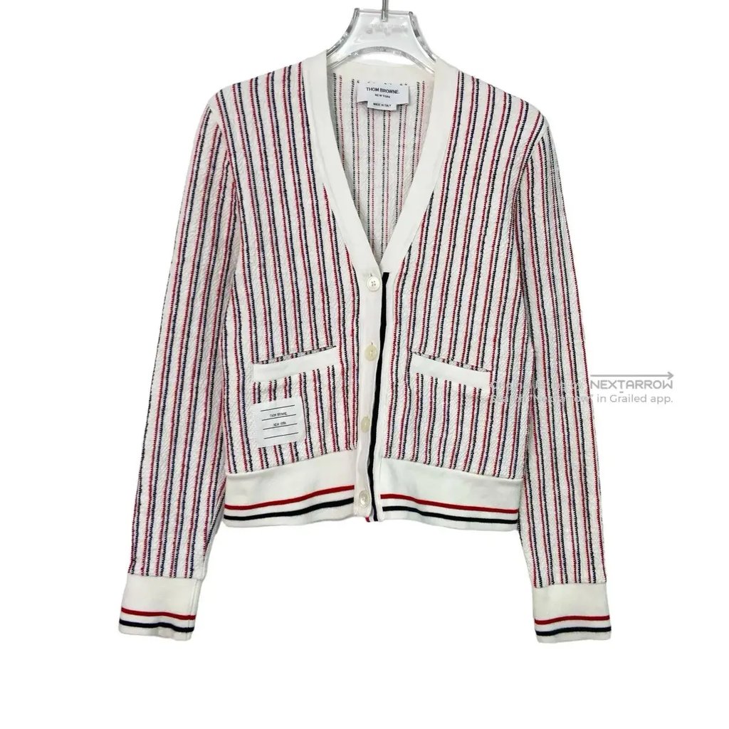 Thom Browne Vertical‑stripe V‑neck Knit Cardigan Kkkkwx2608 in White, Women's (Size Xs)