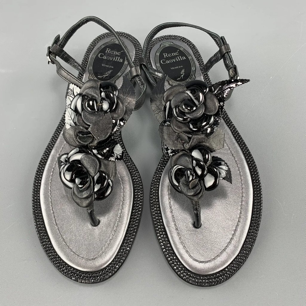 Rene Caovilla It 34 Black Leather Rose T Strap Sandals, Women's
