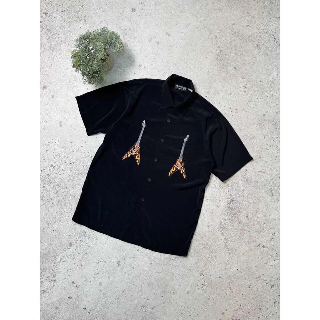 Dragonfly Men Guiltar Rock Short Sleeve Shirt Button Up in Black, Men's