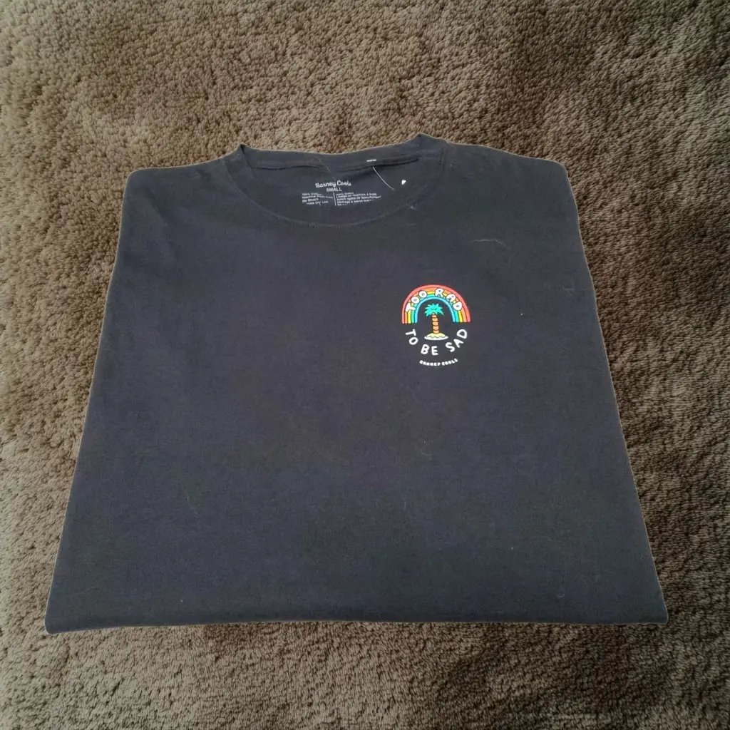 Barney Cools Tshirt Small Black Short Sleeve Too Rad To Be Sad 90s Mens, Men's
