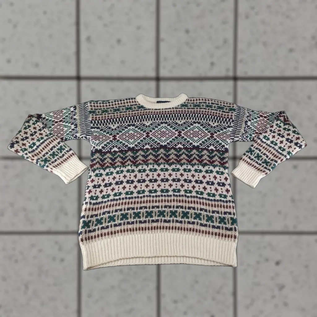 Vintage Northern Isles Sweater Men XL Crew Knit Multicolor Fair Isle 90's Dominant Colors: Green Blue Burgundy Tan Purple Cream