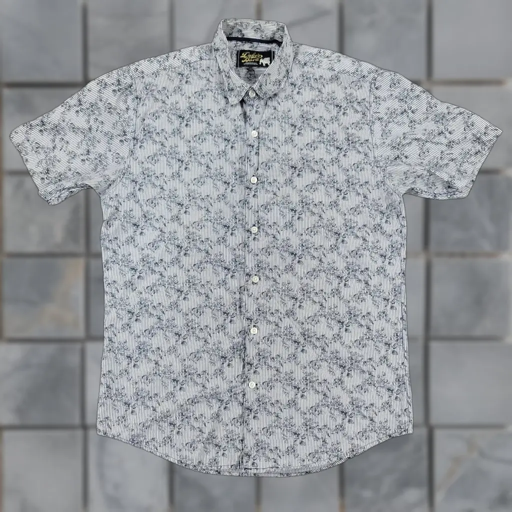 Duke's Bark Button Shirt Men M Gray Flower Striped Aop Graphic Short Sleeve Classic Casual in Grey (Size Medium)
