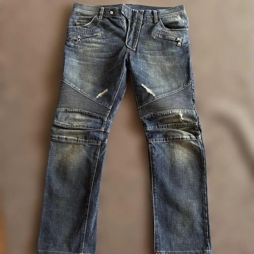 Balmain Ribbed Knees Distressed Denim Pants Dark Blue L, Men's (Size 34)