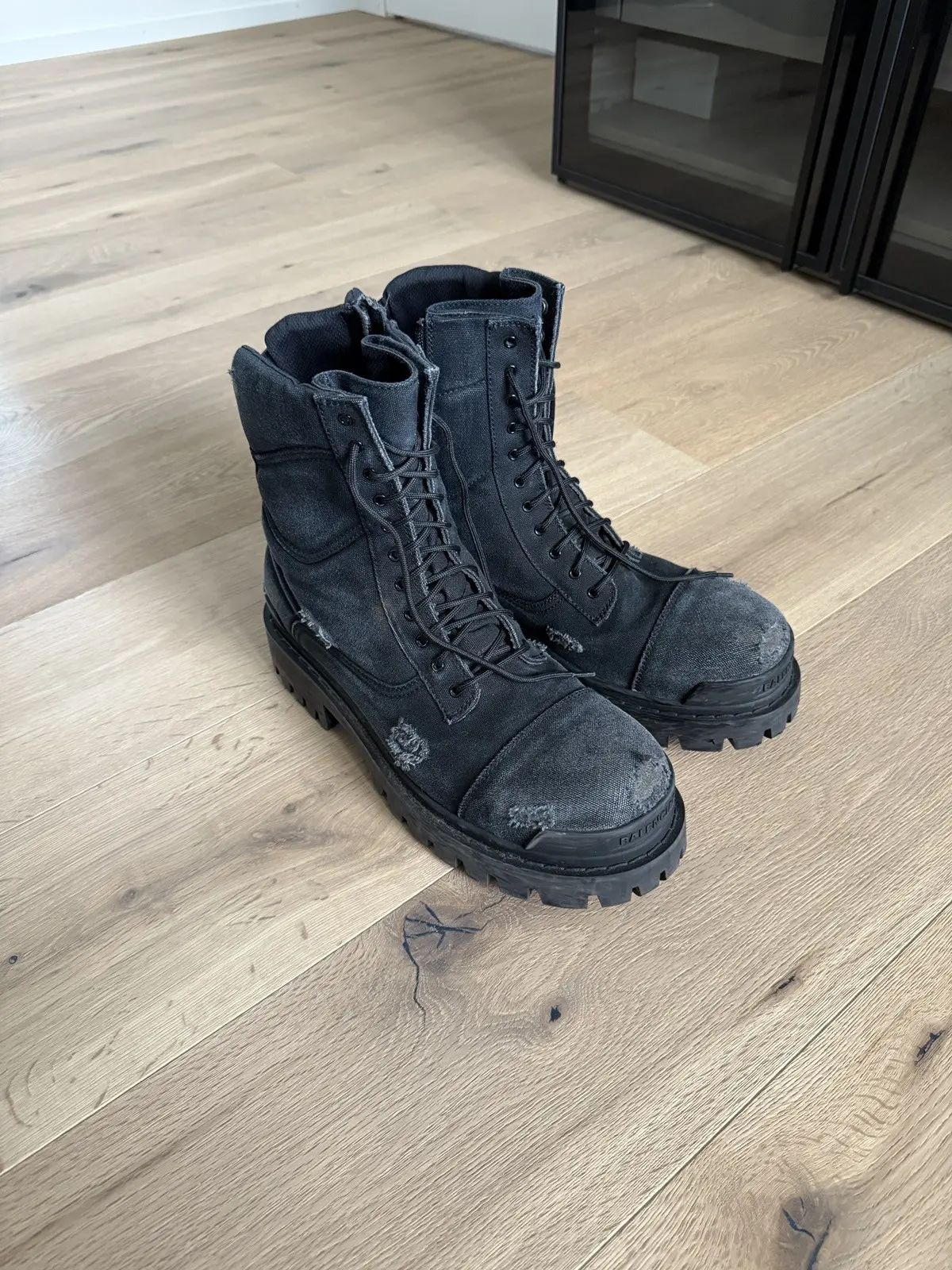 Balenciaga Strike Combat Boots In Distressed Canvas in Black, Men's (Size 11)