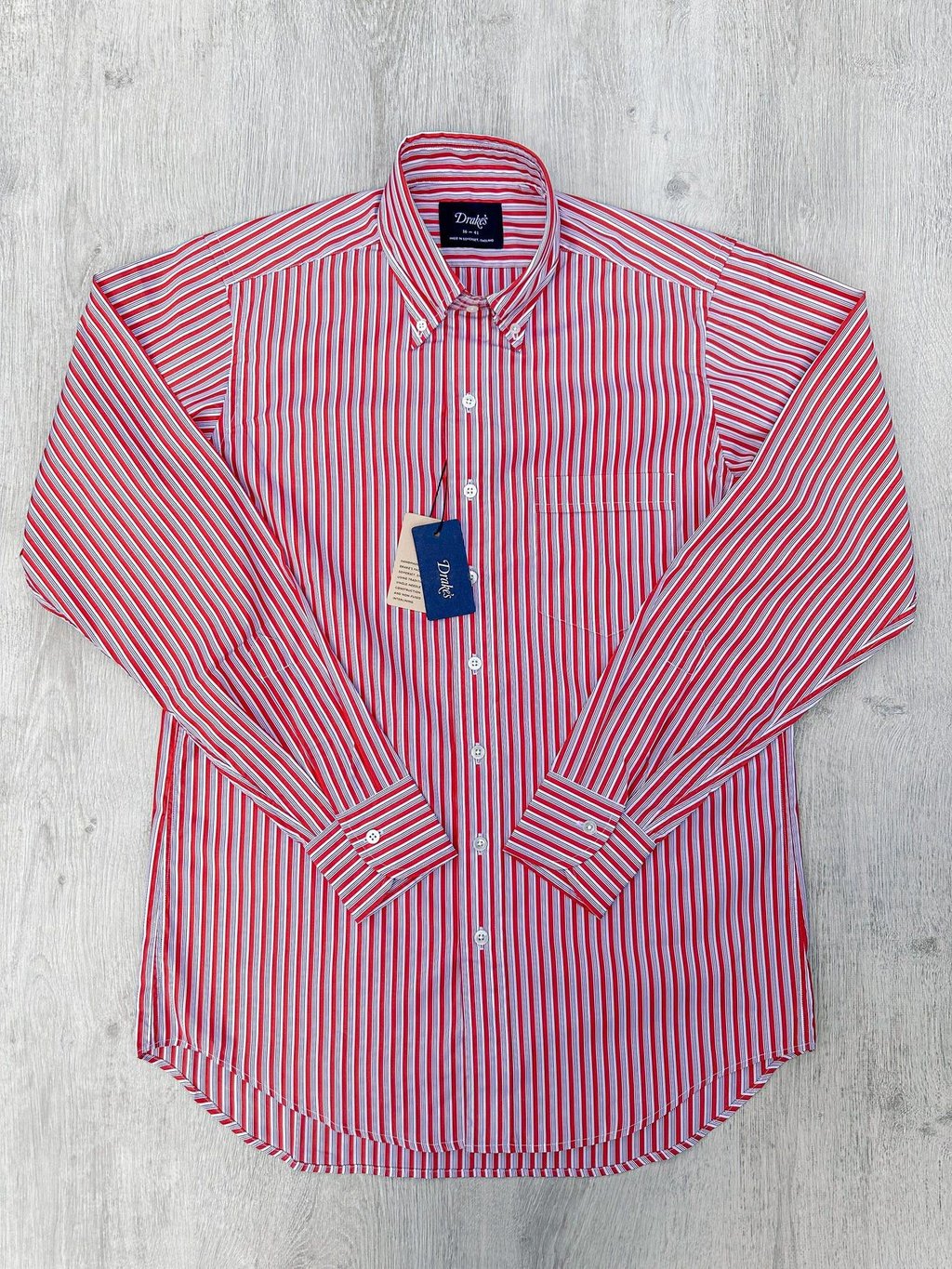 Drake's Red White Cotton Poplin Striped Shirt, Men's