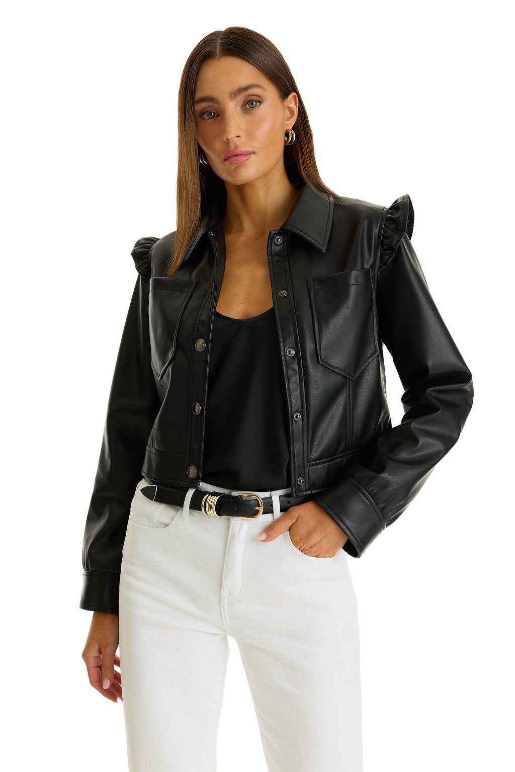 Chantal Ruffle Sleeve Leather Jacket - Black