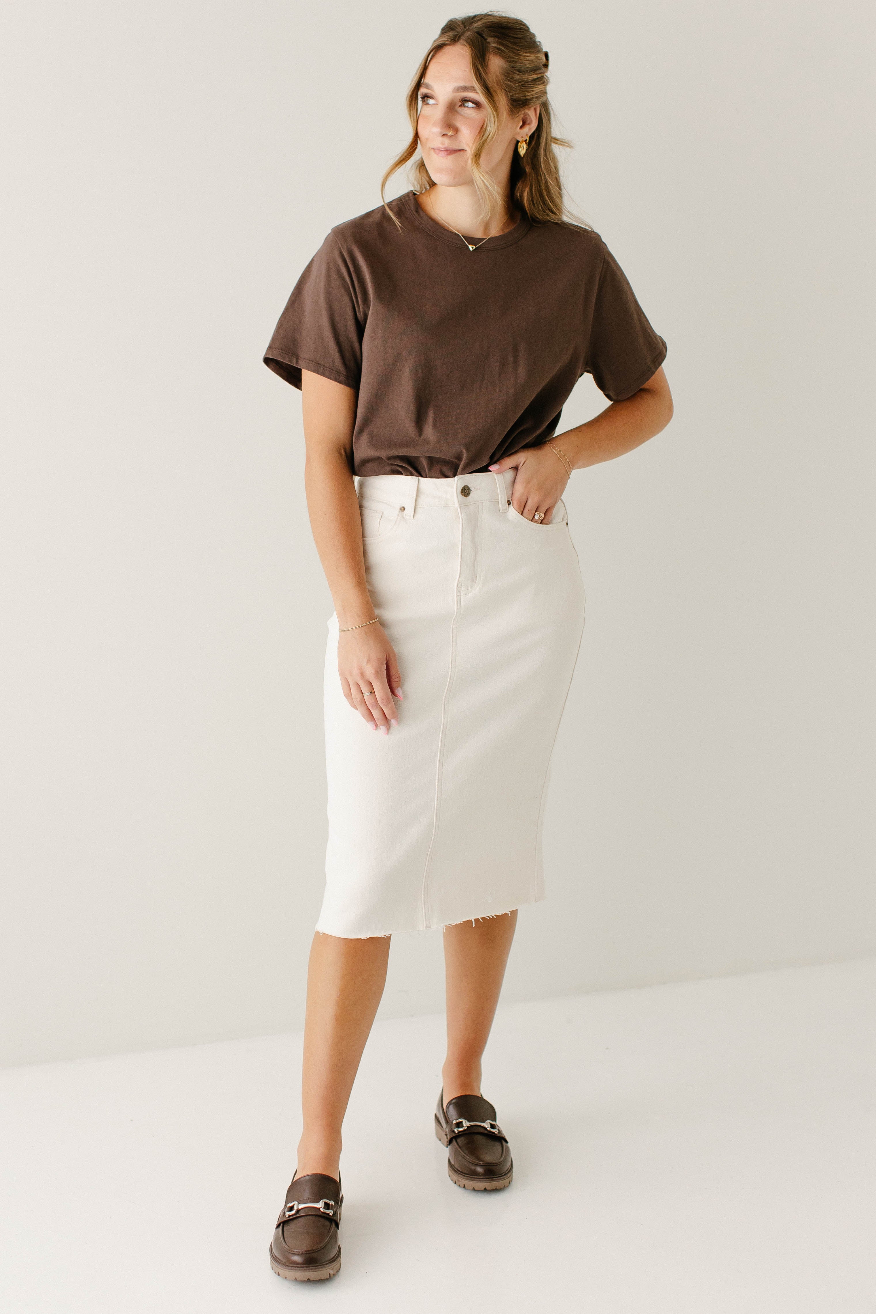 'Parker' High Waist Raw Edge Denim Skirt in Alabaster