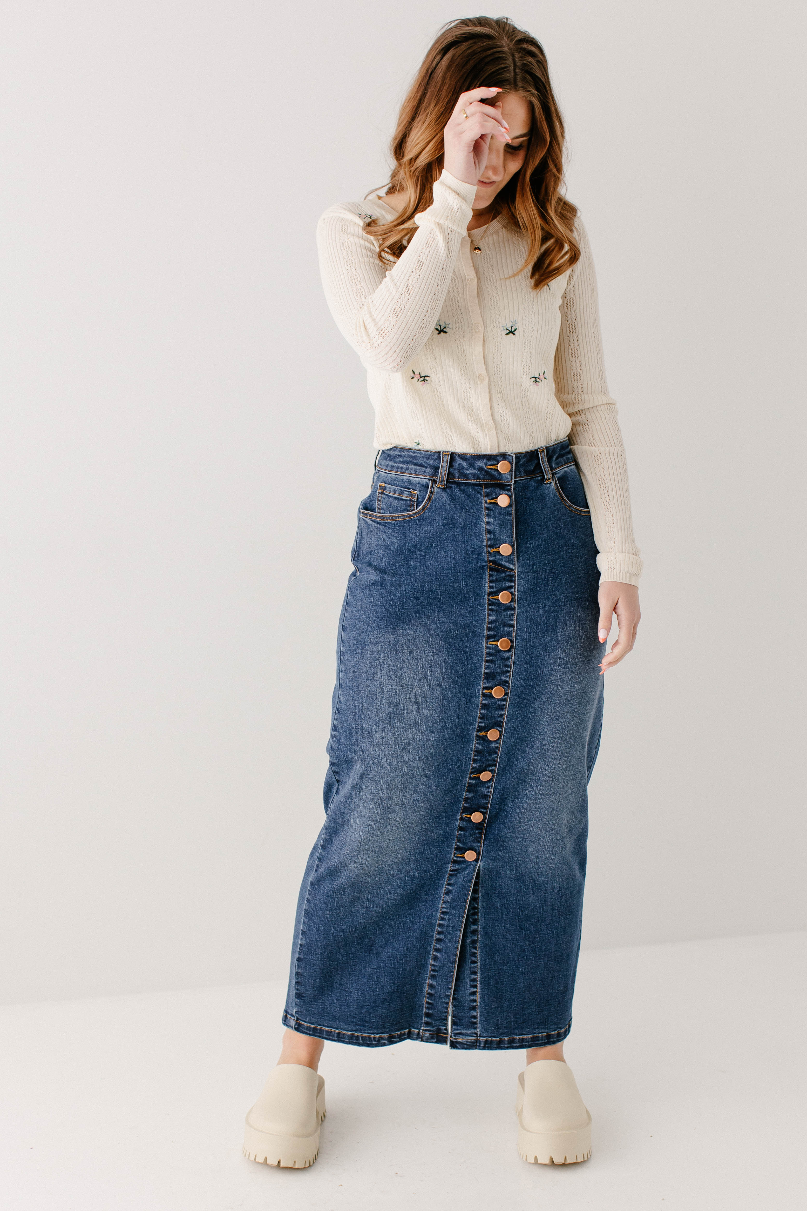 'Leanne' Button Down Denim Maxi Skirt in Dark Wash 