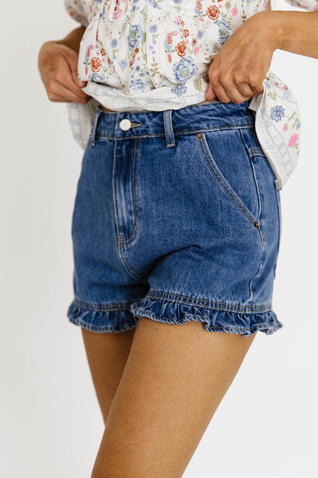 Kalani Ruffled Hem Shorts in Denim