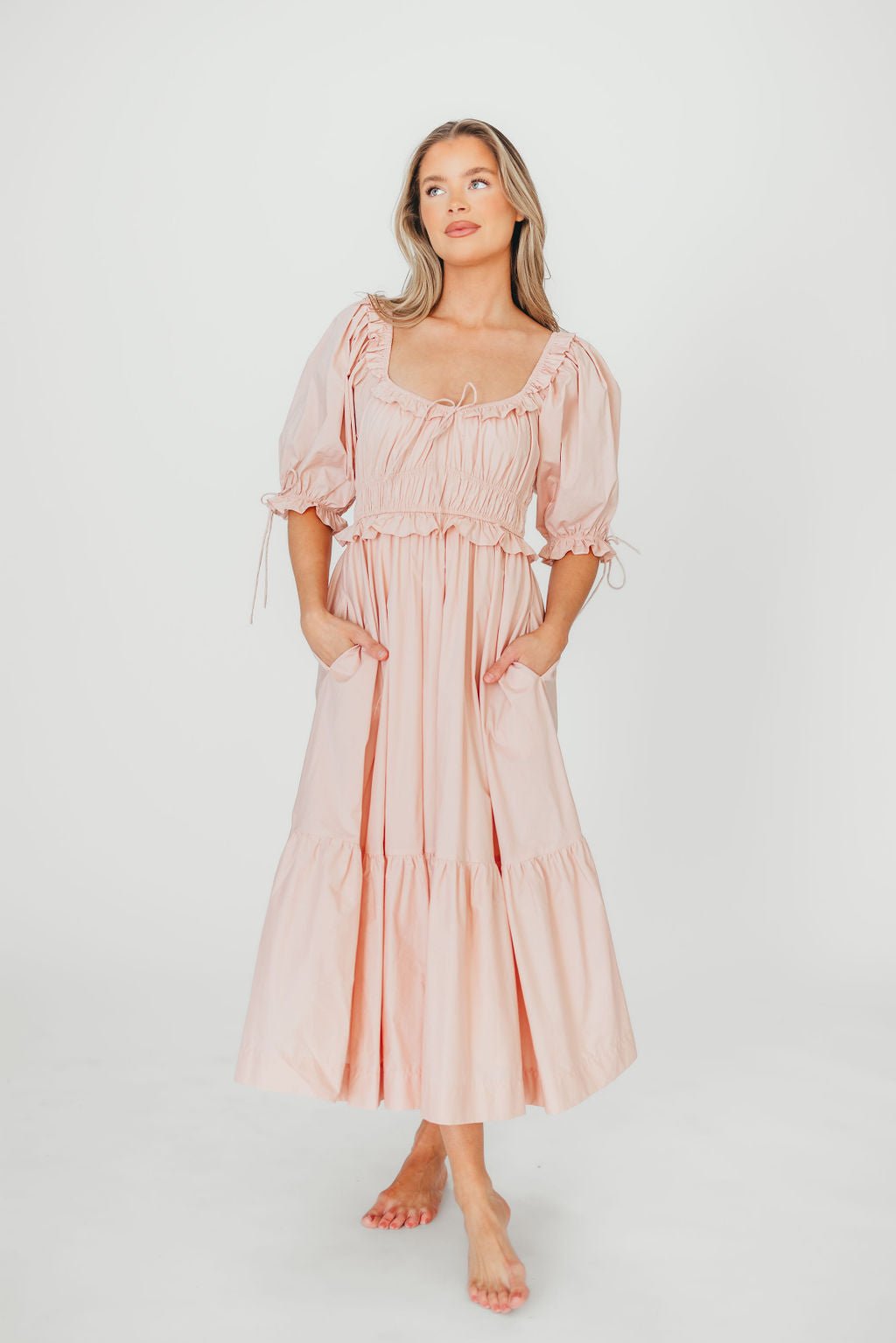 Crissy 100% Cotton Ruched Midi Dress in Dusty Pink