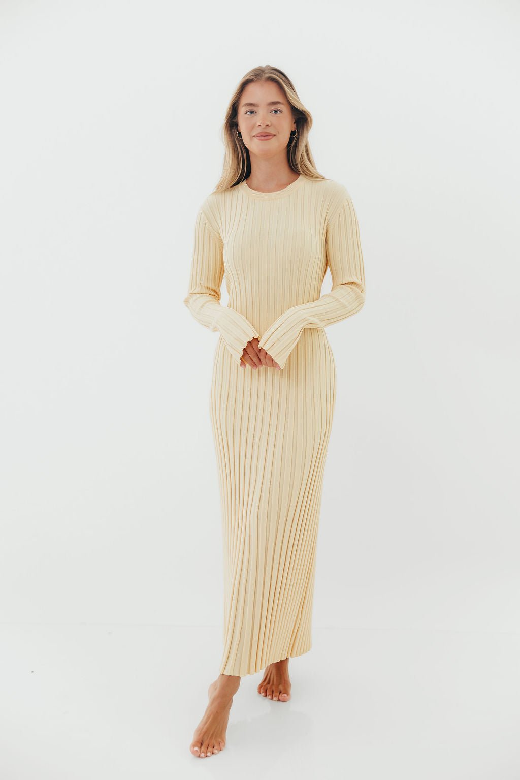Colette Premium Long Sleeved Ribbed Knit Maxi Dress in Butter Yellow