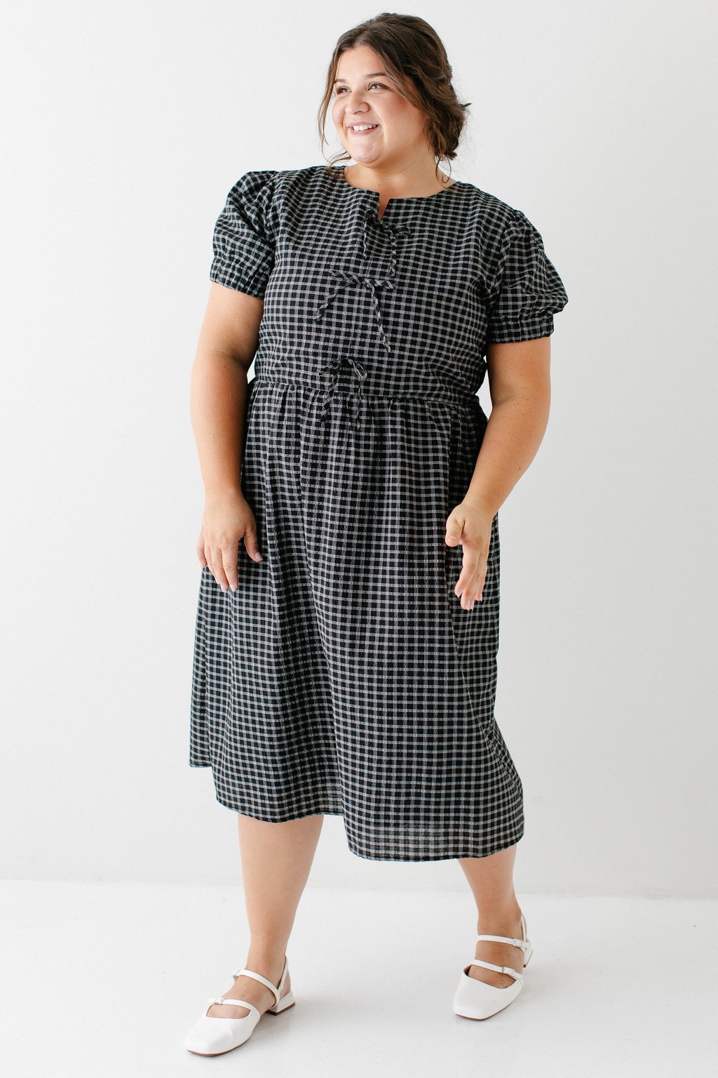 Ellie Bow Front Plaid Midi Dress 