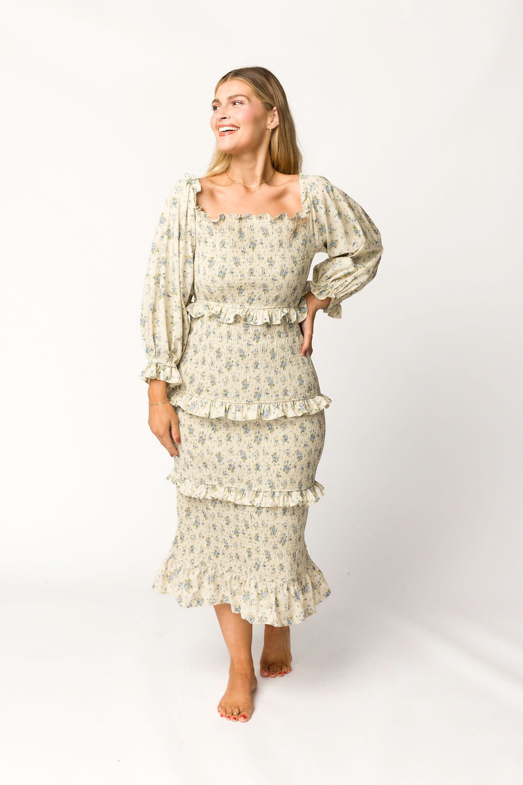 Lila Floral Printed Smocked Midi Dress in Blue