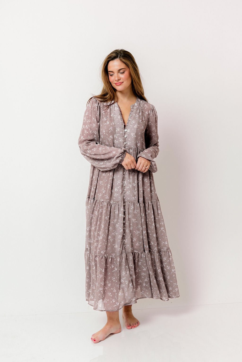 Anna Floral Print Button Front Duster Maxi W/Slip in Mocha Multi - Bump Friendly