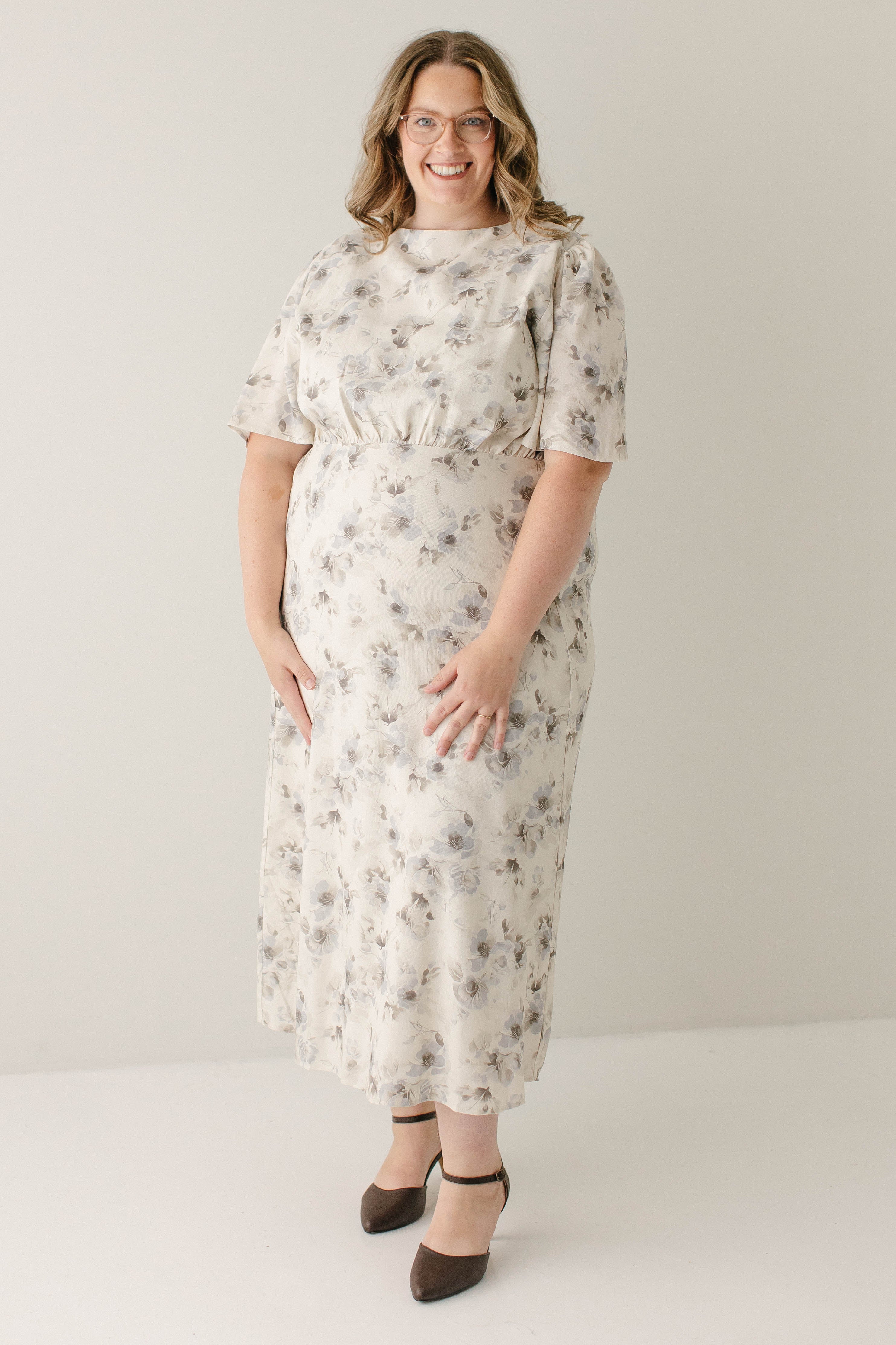 'Betsy' Blue Floral Midi Dress in Cream