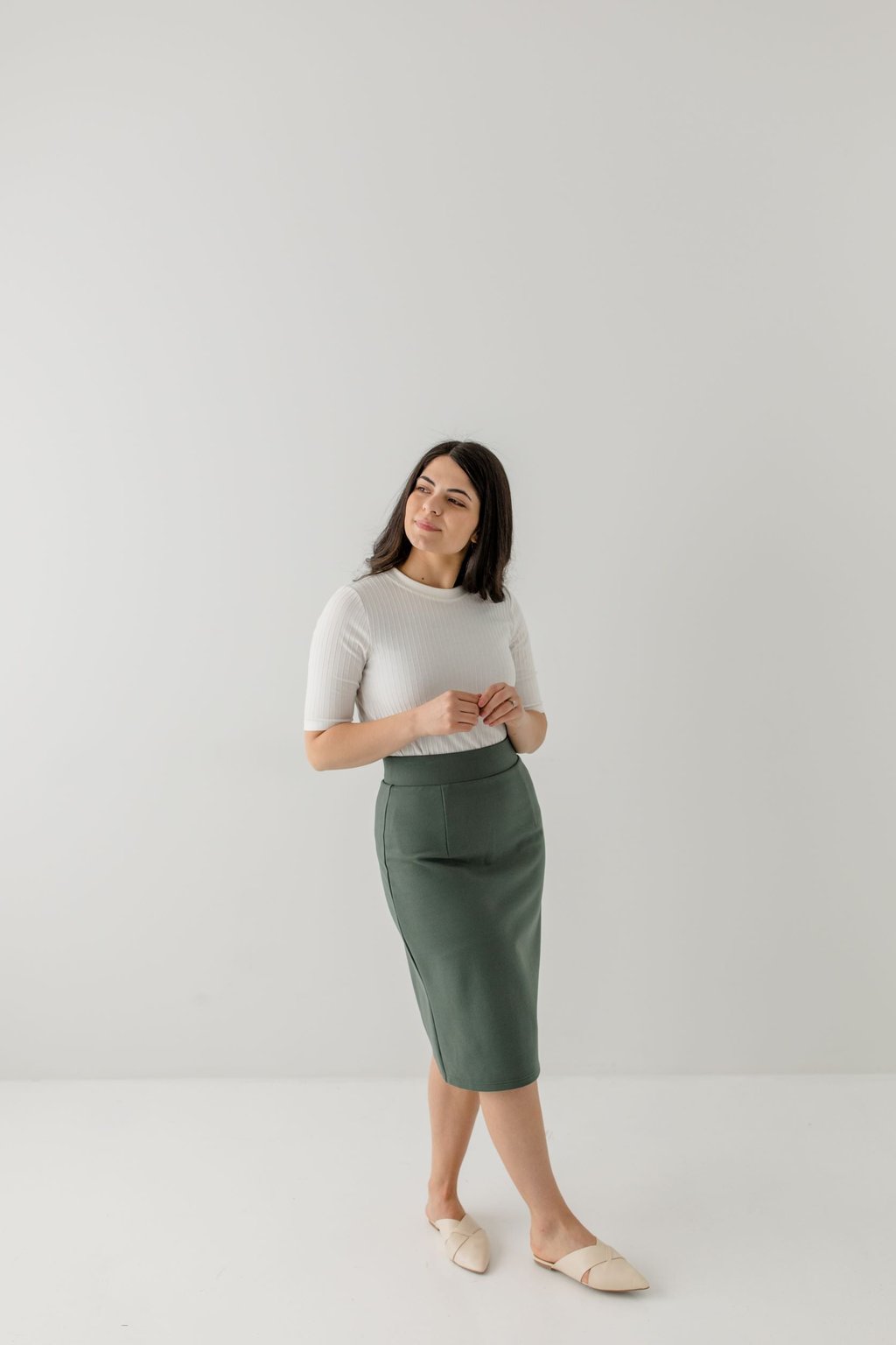 'Anna' Pencil Skirt in Dusty Green 