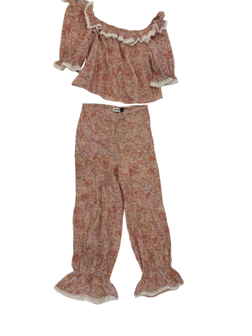 Pink paisley print pyjama set with lace trim