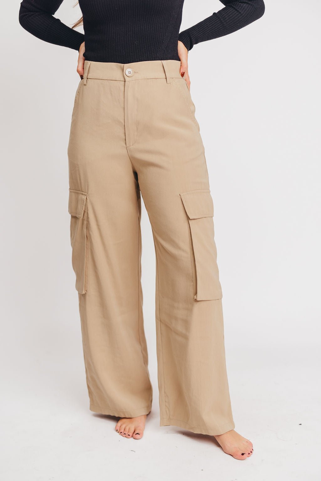 Soft Tencel Effect Cargo Pants in Taupe