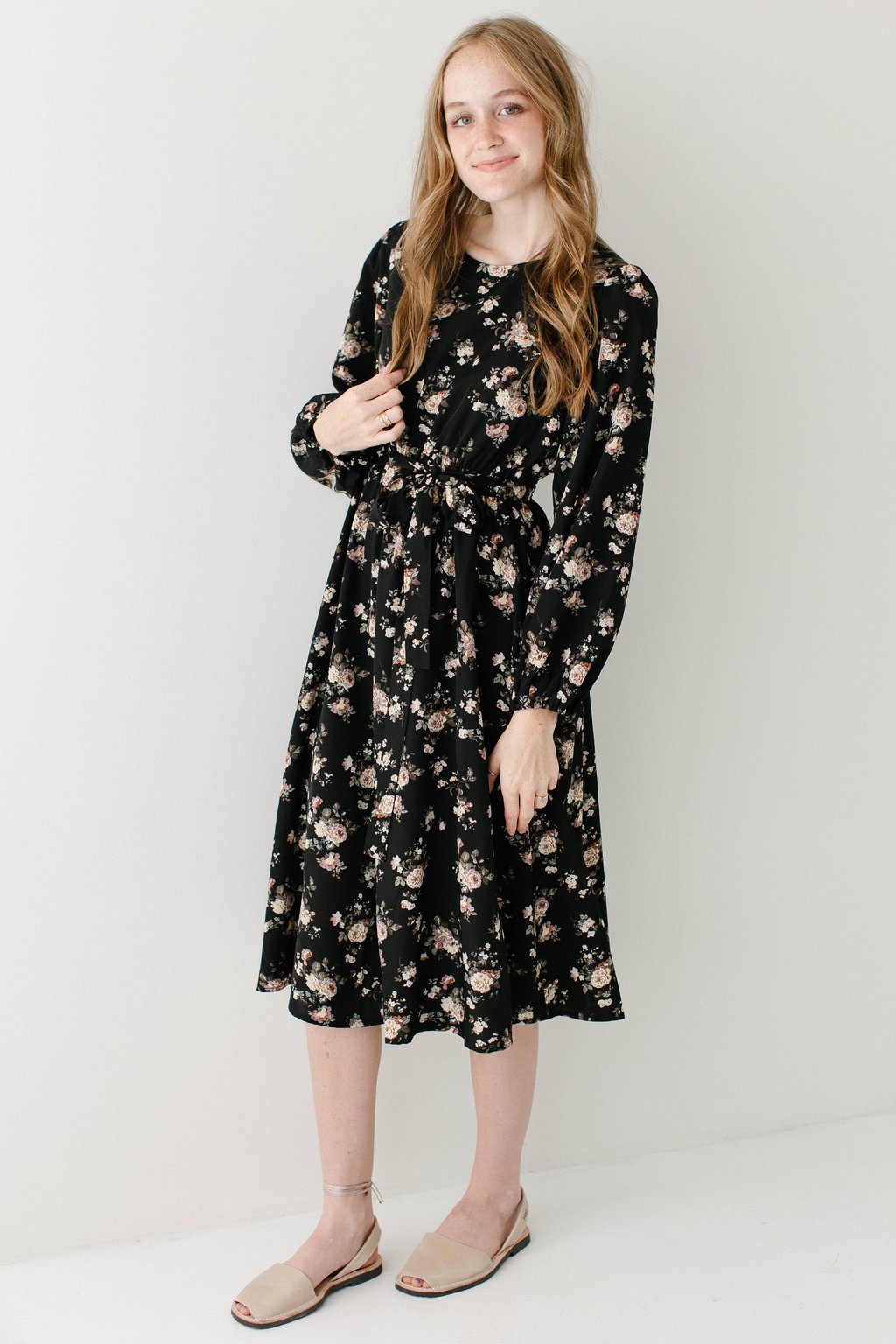 'Ramona' Long Sleeve Rose Print Midi Dress 
