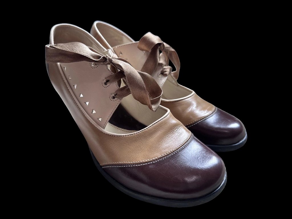 Fellowship Hi Lucille brown & tan ribbon lace-up heel